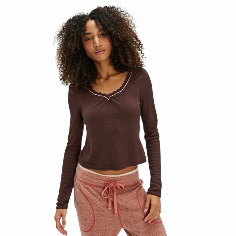 NWT Free People Intimately Free Only You Long Sleeve V-Neck Ribbed Top Small